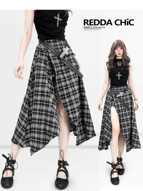 REDDACHIC Black White Checkered Asymmetric Split A Line Patchwork Women'S Maxi Skirts