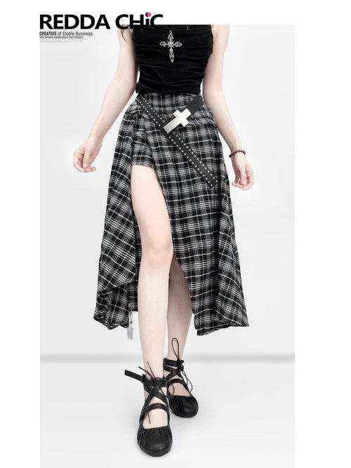 REDDACHIC Black White Checkered Asymmetric Split A Line Patchwork Women'S Maxi Skirts