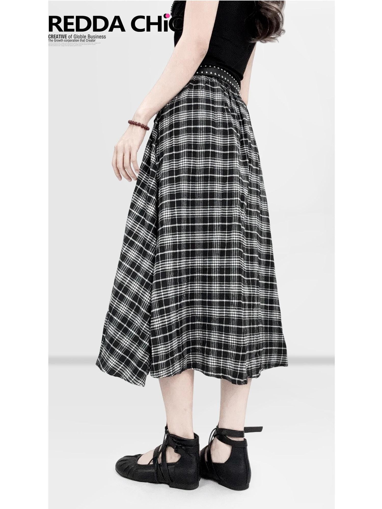 REDDACHIC Black White Checkered Asymmetric Split A Line Patchwork Women'S Maxi Skirts