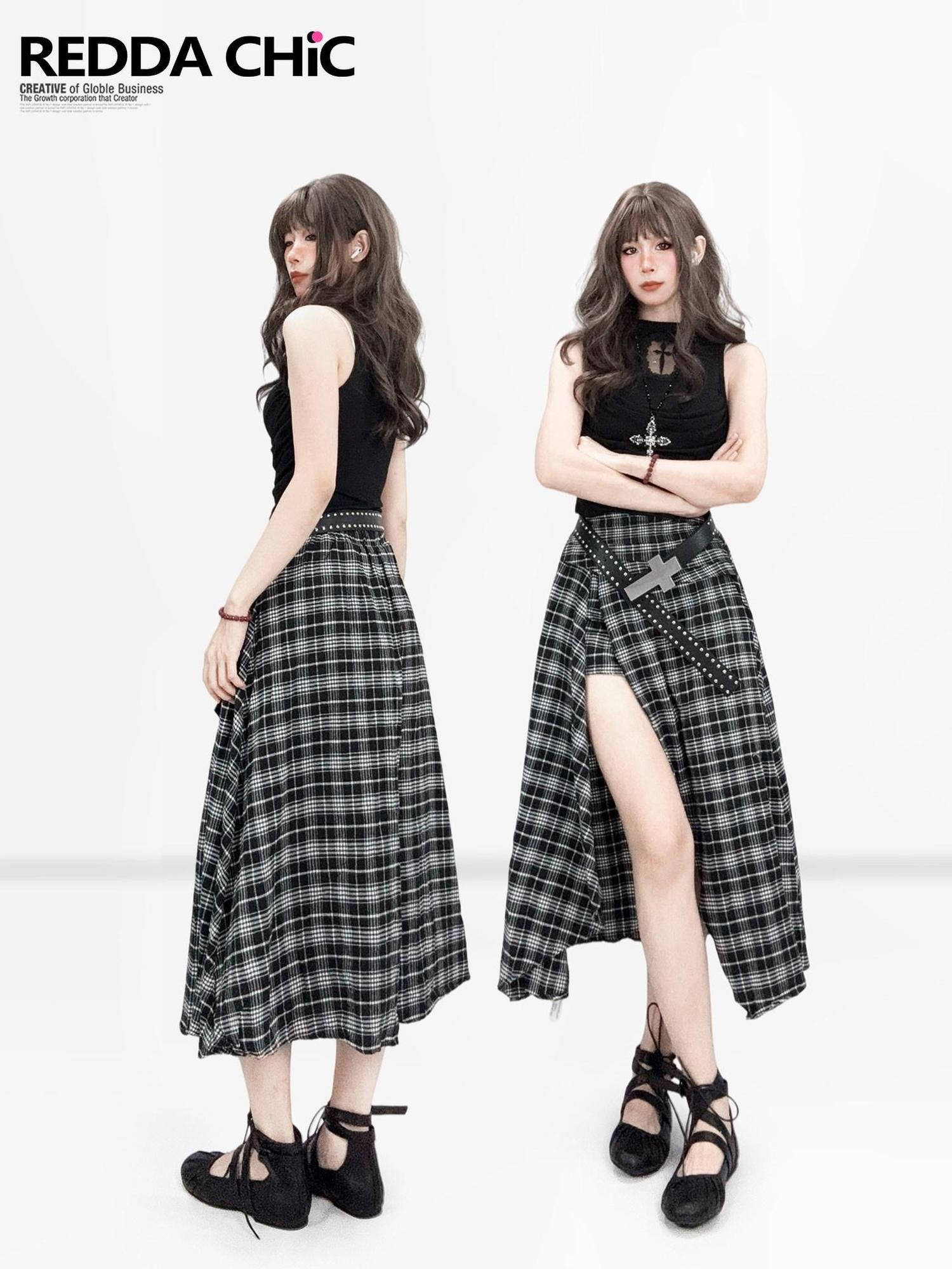REDDACHIC Black White Checkered Asymmetric Split A Line Patchwork Women'S Maxi Skirts
