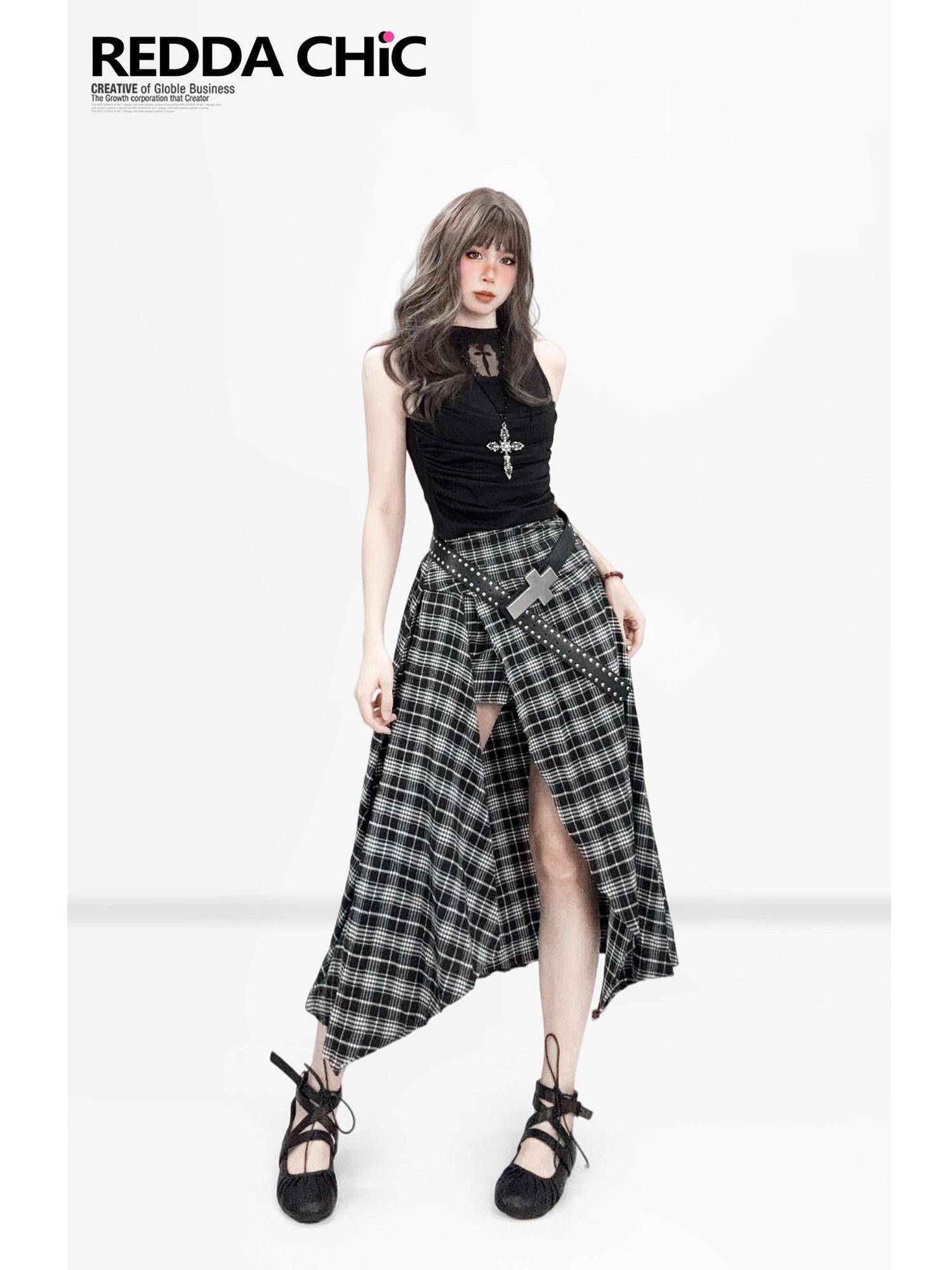 REDDACHIC Black White Checkered Asymmetric Split A Line Patchwork Women'S Maxi Skirts