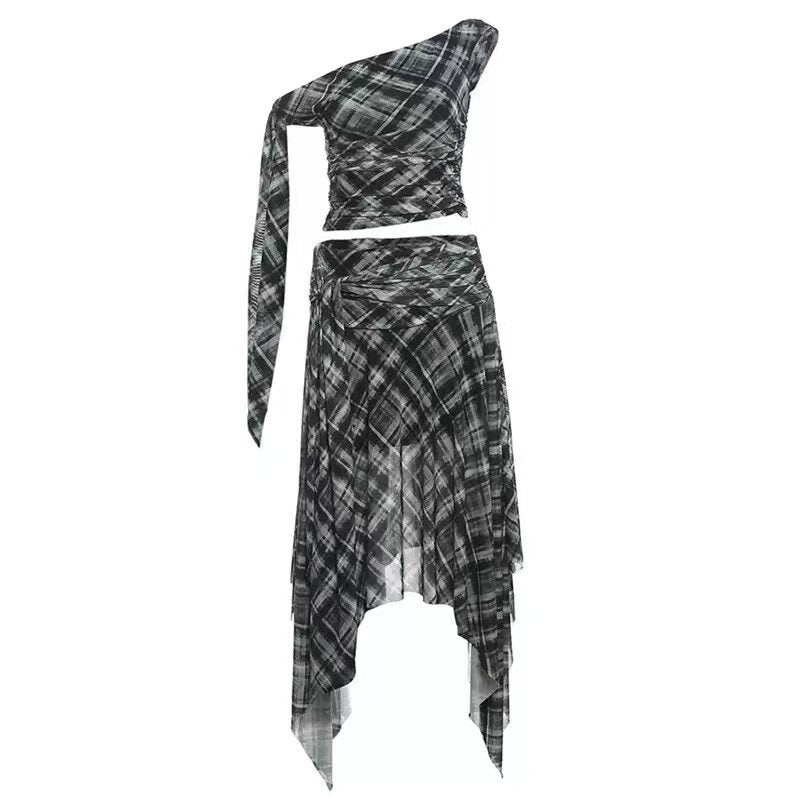 REDDACHIC_Black_White_Plaid_Asymmetric_A_Line_Crop_Tank_Women'S_Mesh_Top_&_Skirt_Sets_MISSTT