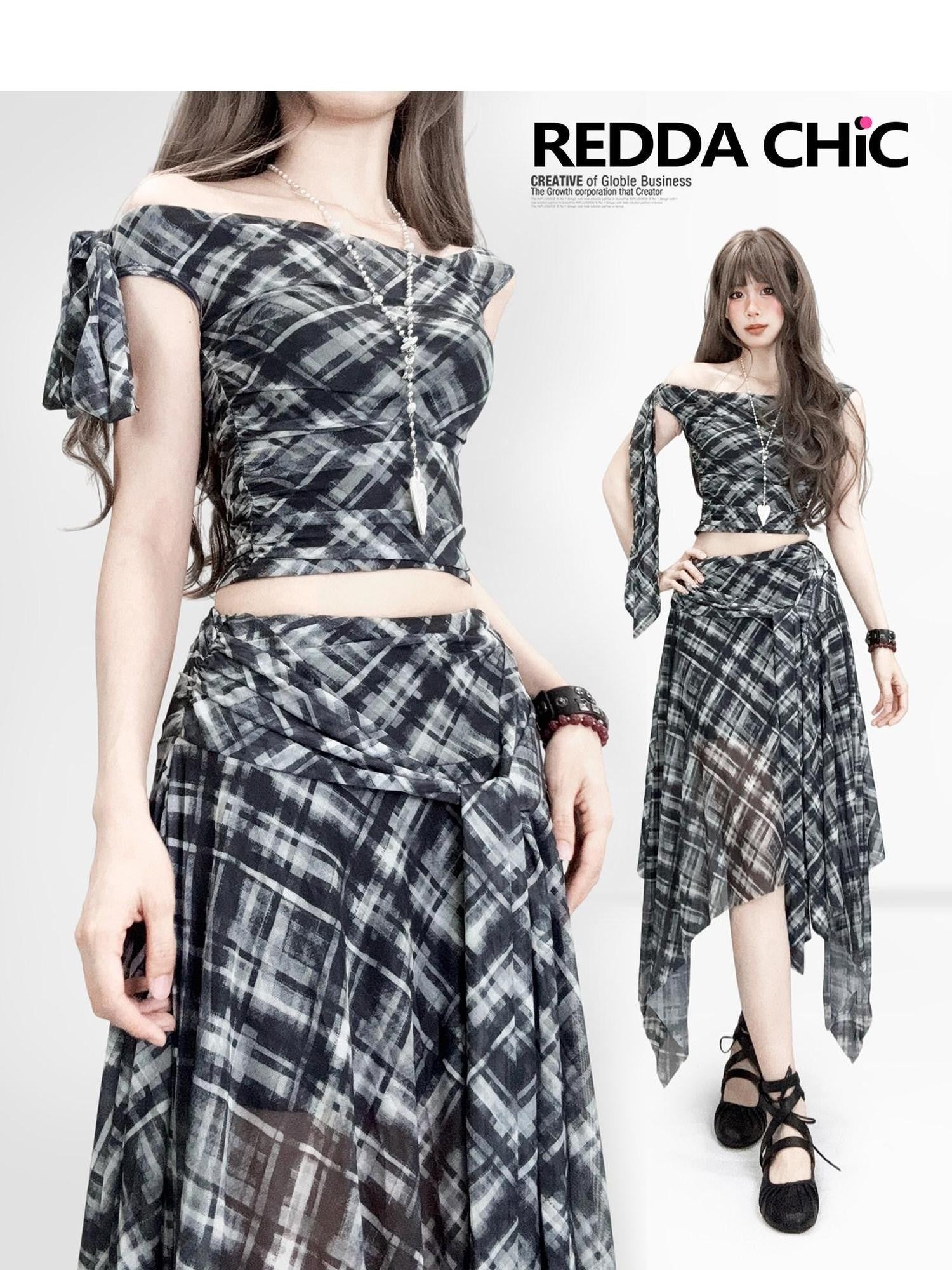 REDDACHIC Black White Plaid Asymmetric A Line Crop Tank Women'S Mesh Top & Skirt Sets