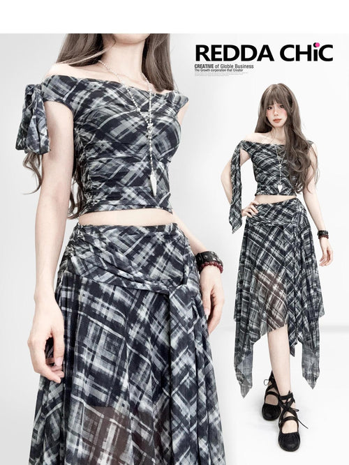 REDDACHIC Black White Plaid Asymmetric A Line Crop Tank Women'S Mesh Top & Skirt Sets