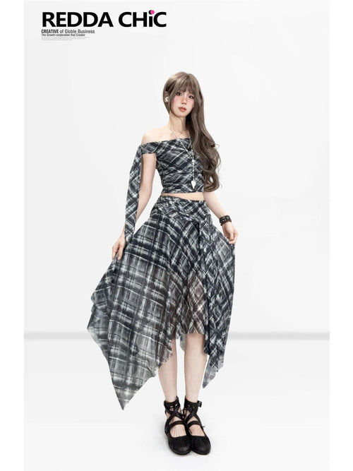 REDDACHIC Black White Plaid Asymmetric A Line Crop Tank Women'S Mesh Top & Skirt Sets