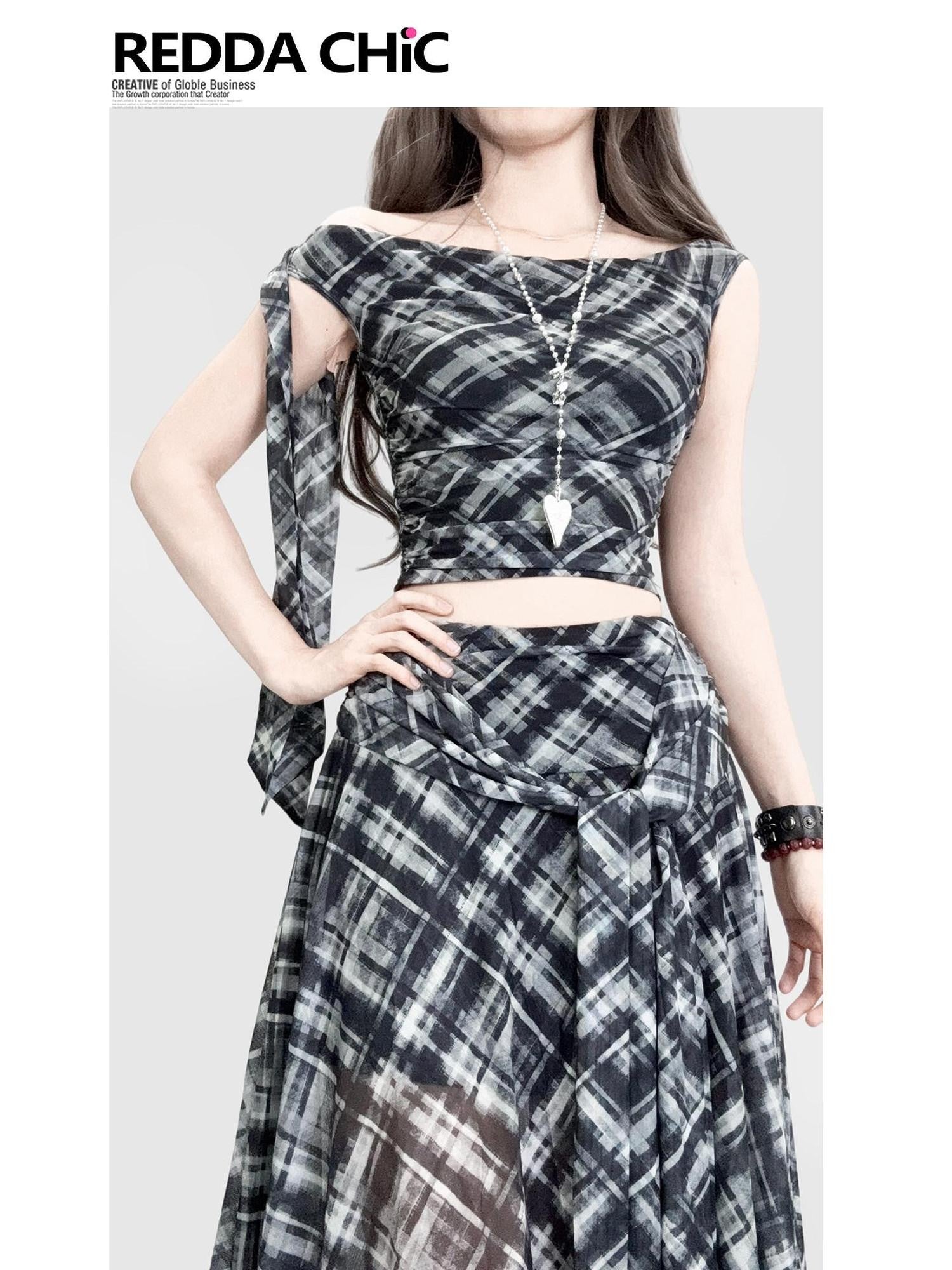 REDDACHIC Black White Plaid Asymmetric A Line Crop Tank Women'S Mesh Top & Skirt Sets