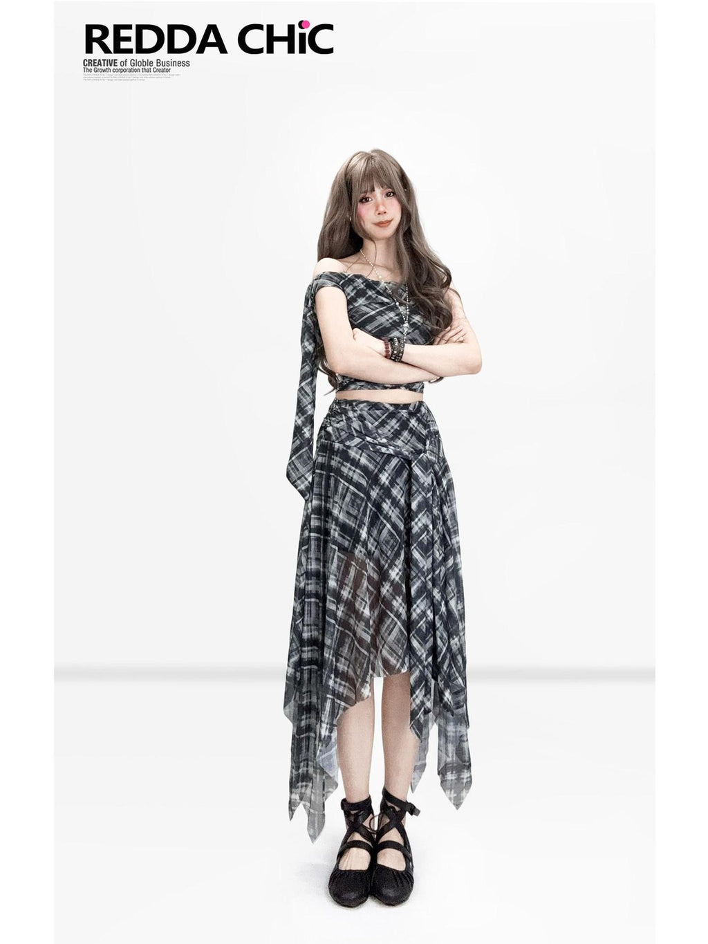 REDDACHIC Black White Plaid Asymmetric A Line Crop Tank Women'S Mesh Top & Skirt Sets