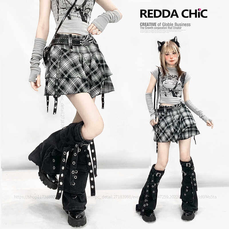 REDDACHIC_Black_White_Plaid_Irregular_Hem_High_Waist_A_Line_Women'S_Mini_Skirts_MISSTT