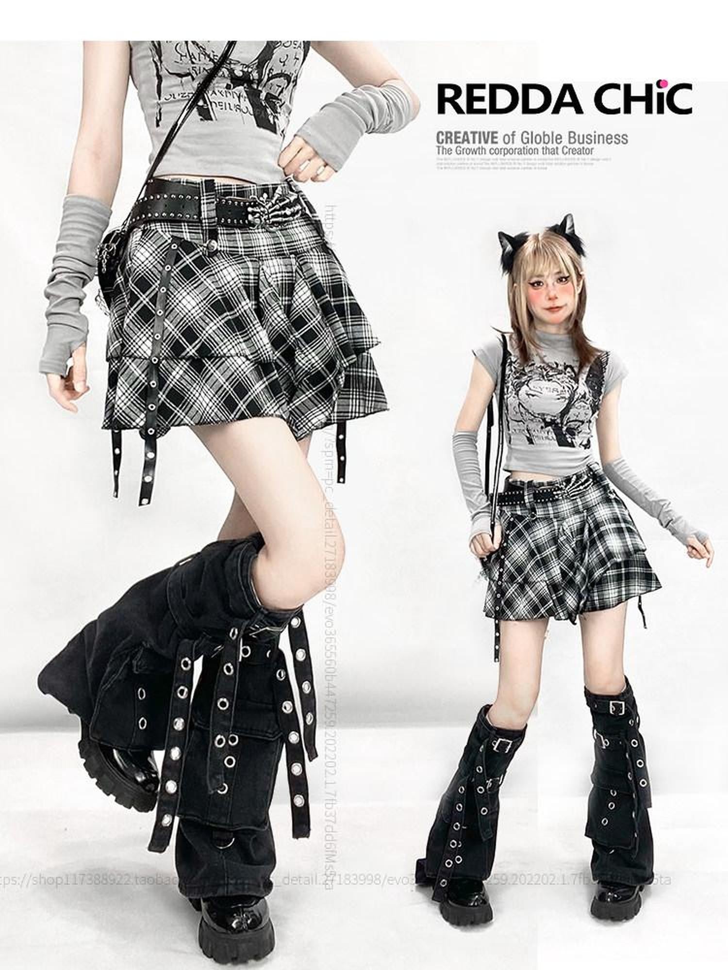 REDDACHIC Black White Plaid Irregular Hem High Waist A Line Women'S Mini Skirts