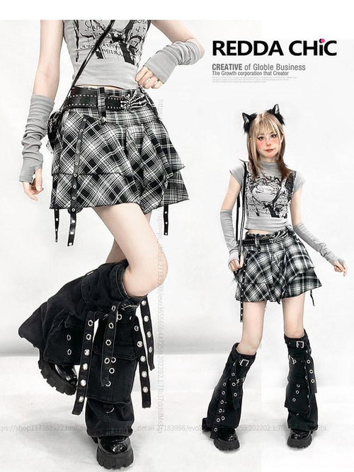 REDDACHIC Black White Plaid Irregular Hem High Waist A Line Women'S Mini Skirts