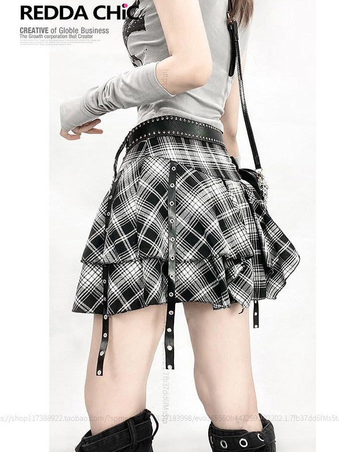 REDDACHIC Black White Plaid Irregular Hem High Waist A Line Women'S Mini Skirts