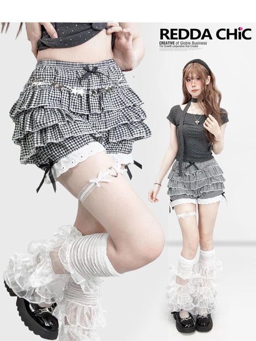 REDDACHIC Black White Plaid Layered Cake Pleated Bow Princess Women'S Mini Skirts