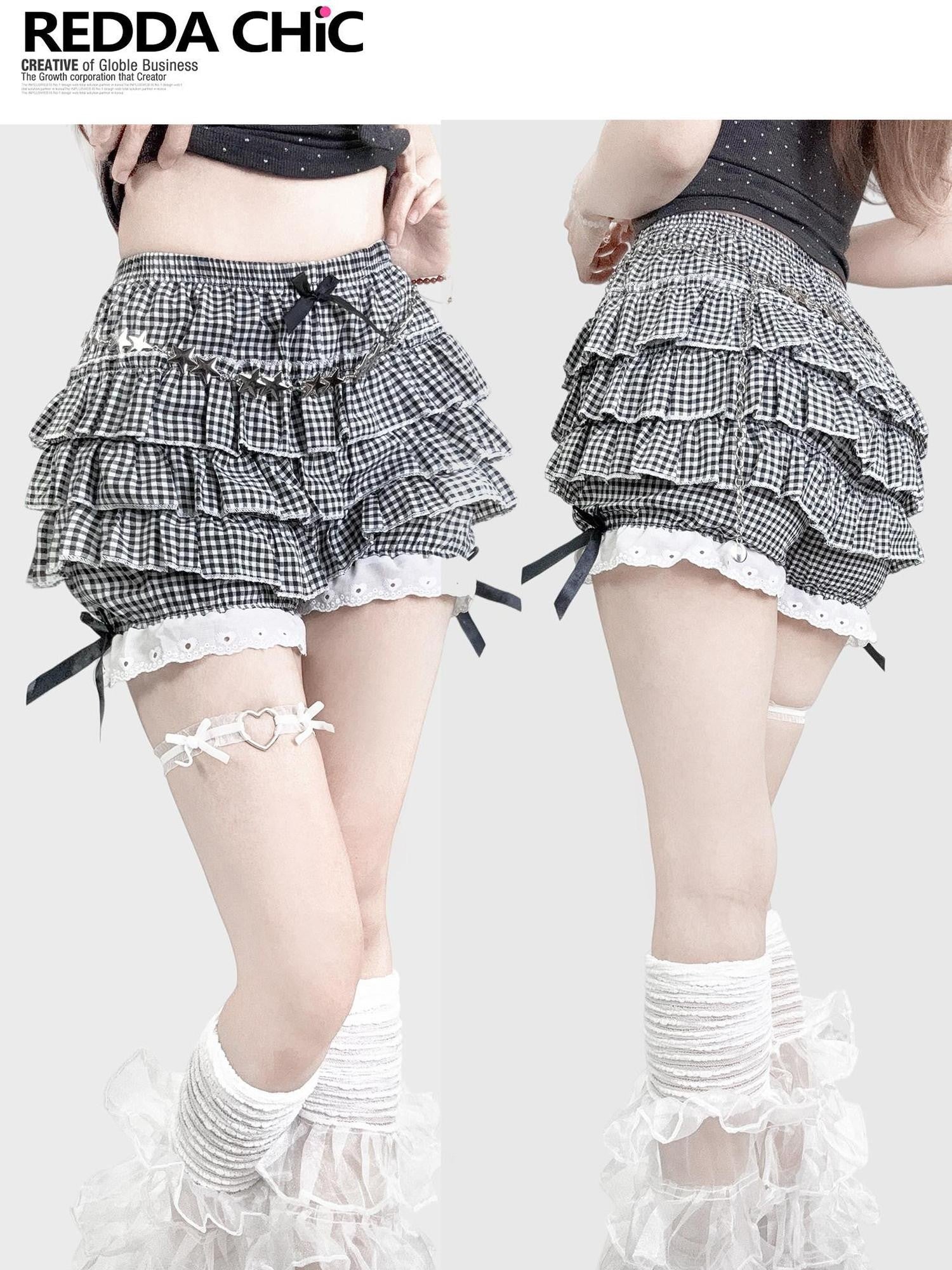 REDDACHIC Black White Plaid Layered Cake Pleated Bow Princess Women'S Mini Skirts