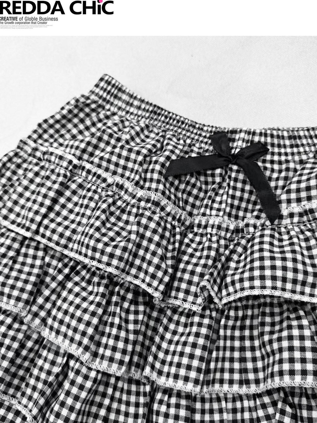 REDDACHIC Black White Plaid Layered Cake Pleated Bow Princess Women'S Mini Skirts