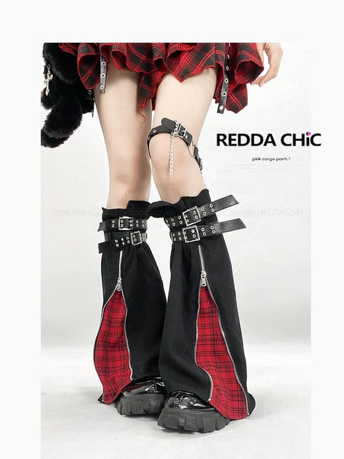 REDDACHIC Black Zipper Stacked Wide Leg Slouchy Women'S Denim Leg Warmers