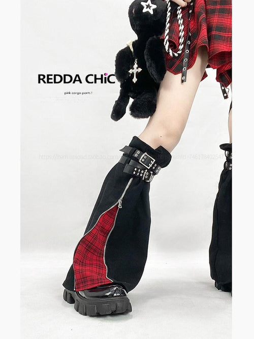 REDDACHIC Black Zipper Stacked Wide Leg Slouchy Women'S Denim Leg Warmers