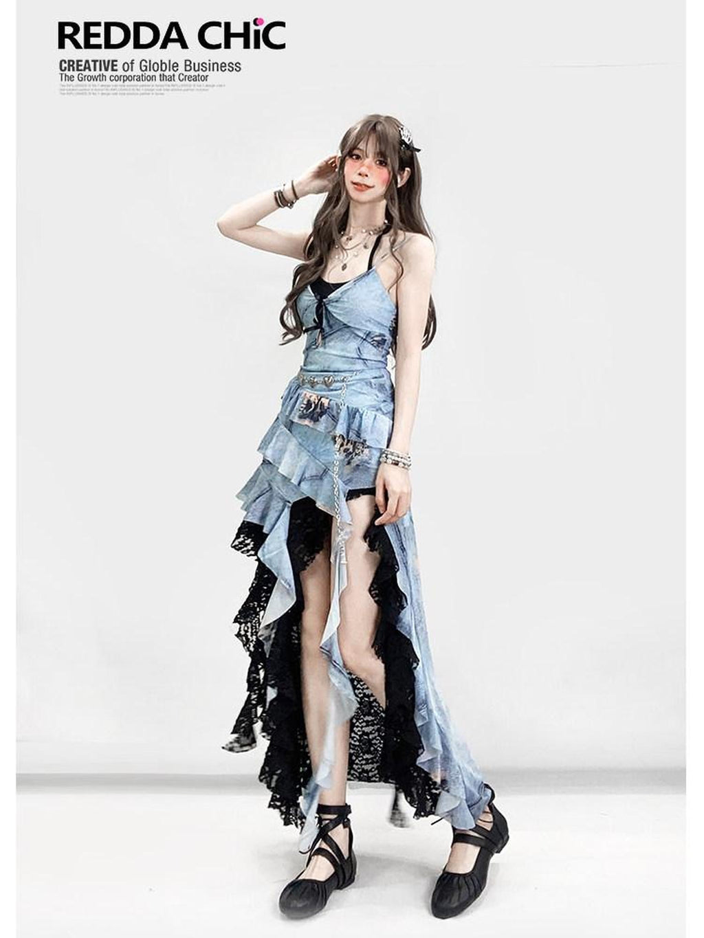 REDDACHIC Blue Asymmetric Ruffle Spaghetti Retro Women'S Printed Slip Midi Dresses