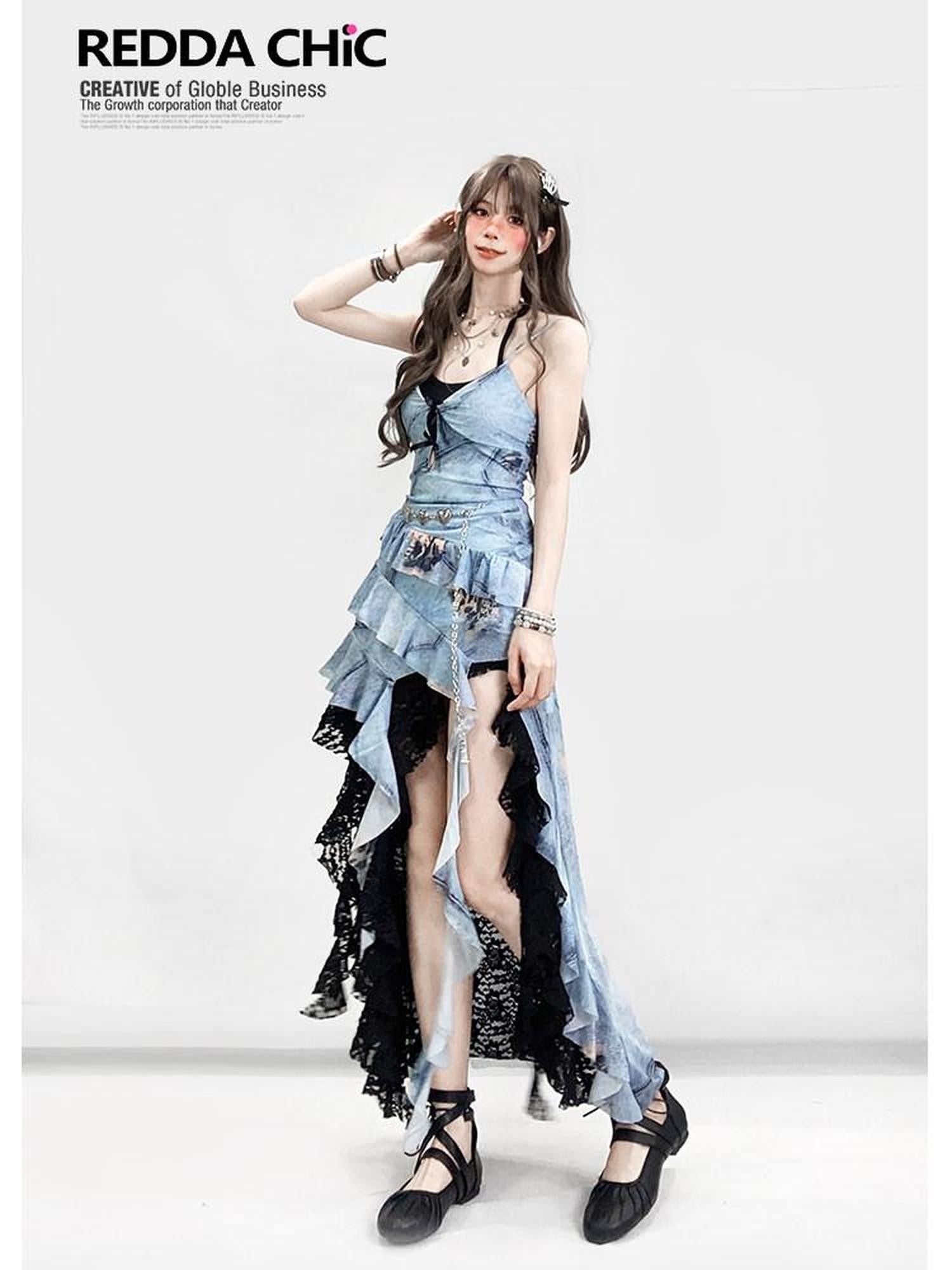 REDDACHIC Blue Asymmetric Ruffle Spaghetti Retro Women'S Printed Slip Midi Dresses