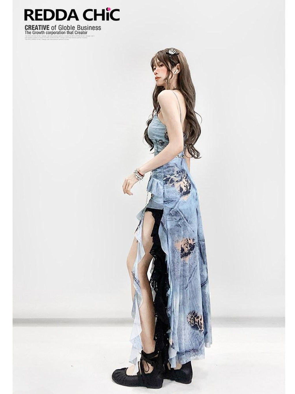 REDDACHIC Blue Asymmetric Ruffle Spaghetti Retro Women'S Printed Slip Midi Dresses