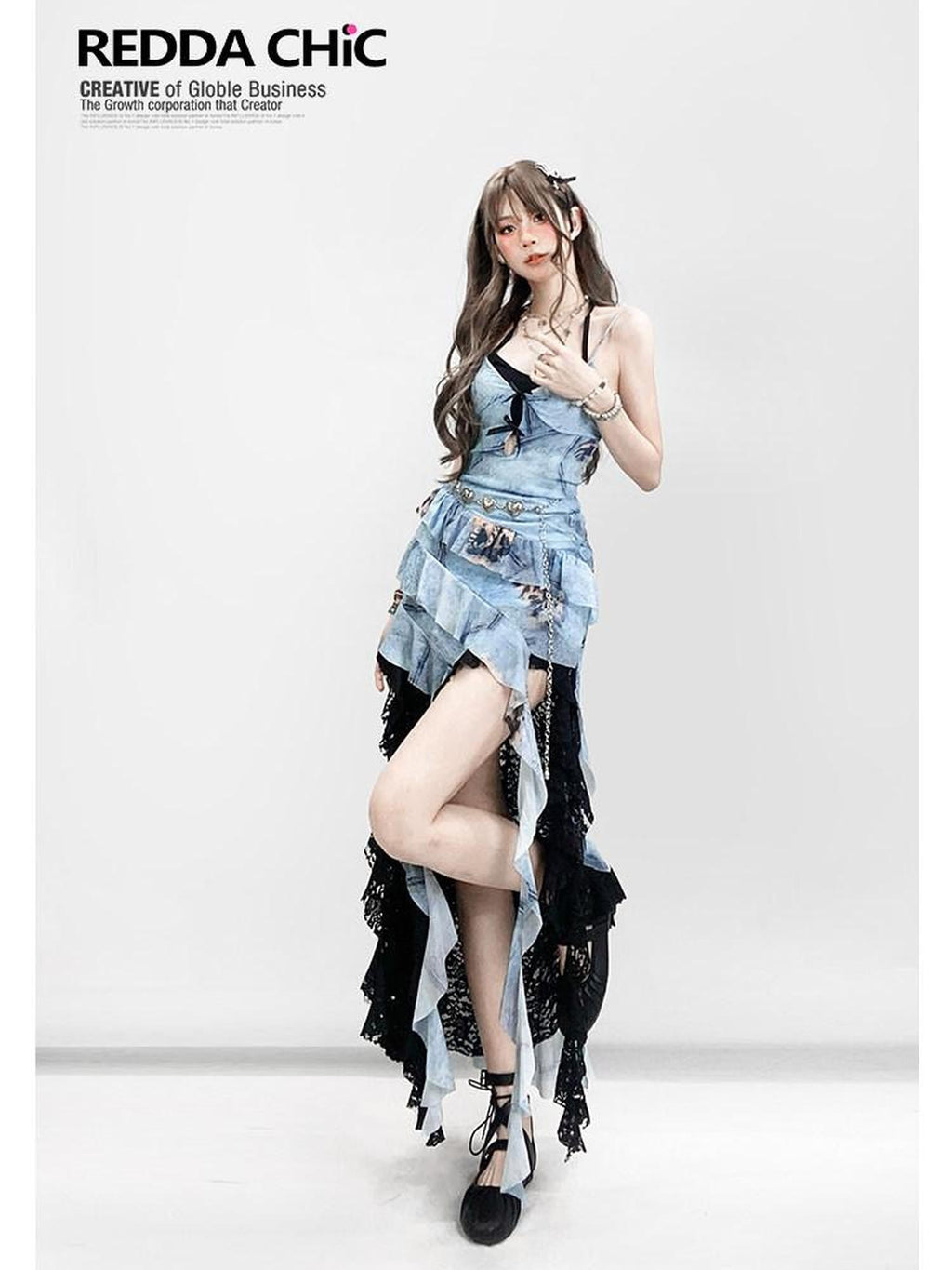 REDDACHIC Blue Asymmetric Ruffle Spaghetti Retro Women'S Printed Slip Midi Dresses