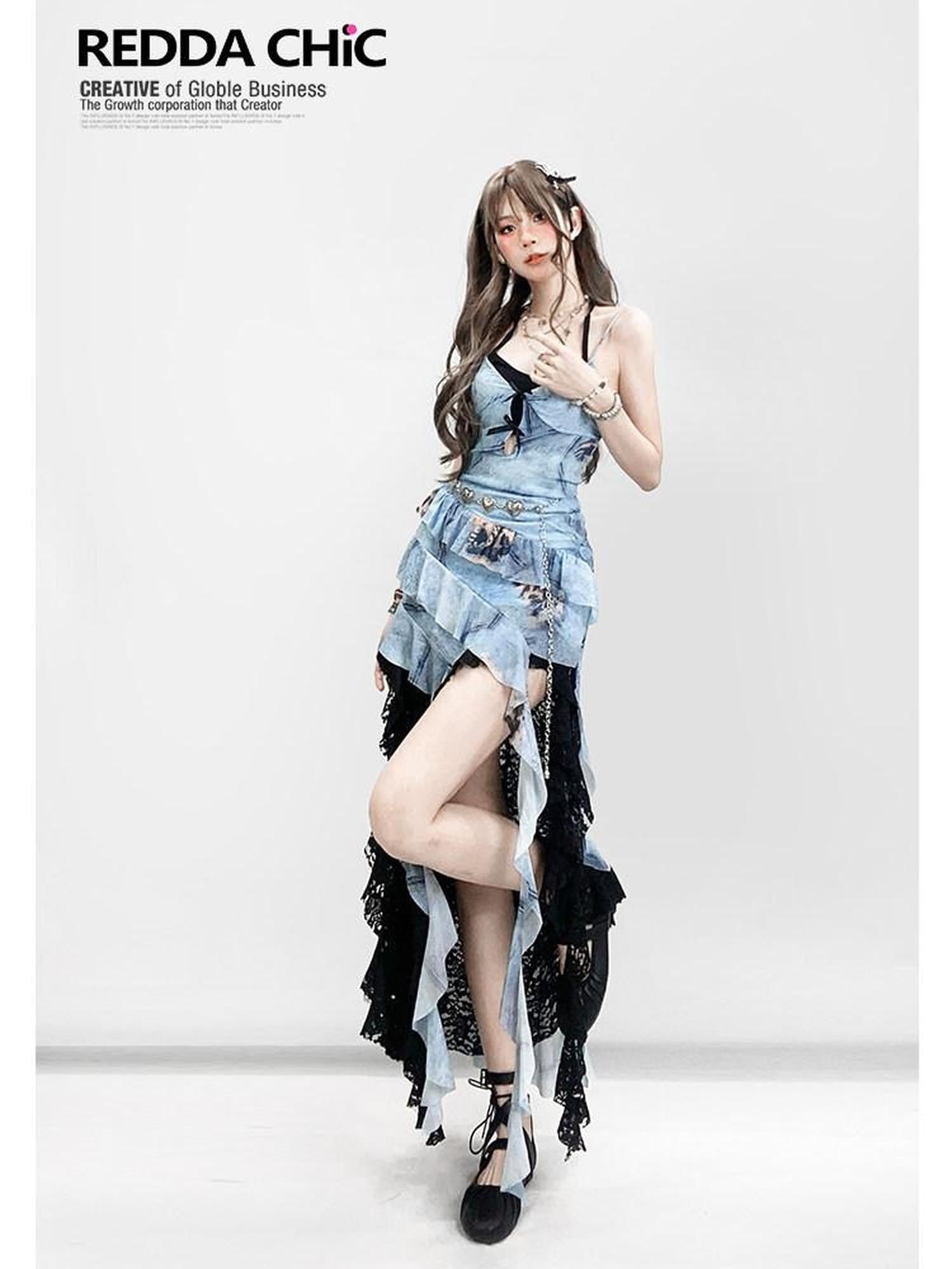 REDDACHIC Blue Asymmetric Ruffle Spaghetti Retro Women'S Printed Slip Midi Dresses