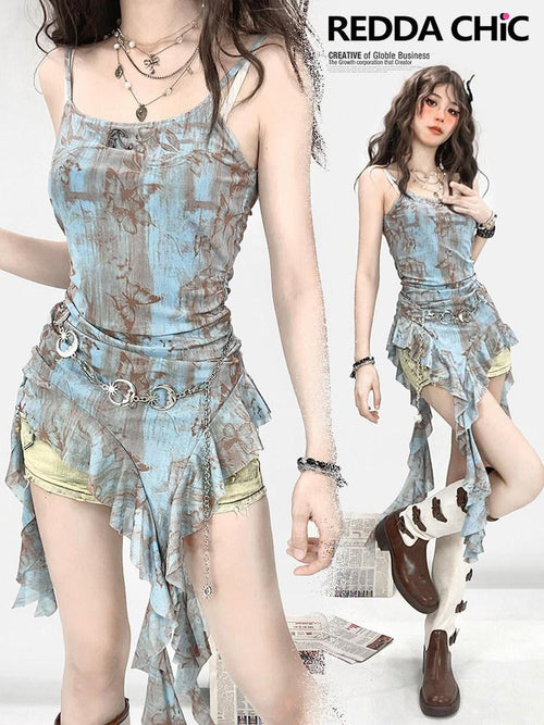 REDDACHIC Blue Handpainted Asymmetric Ruffle Ribbon Strappy Y2K Women'S Slip Midi Dresses