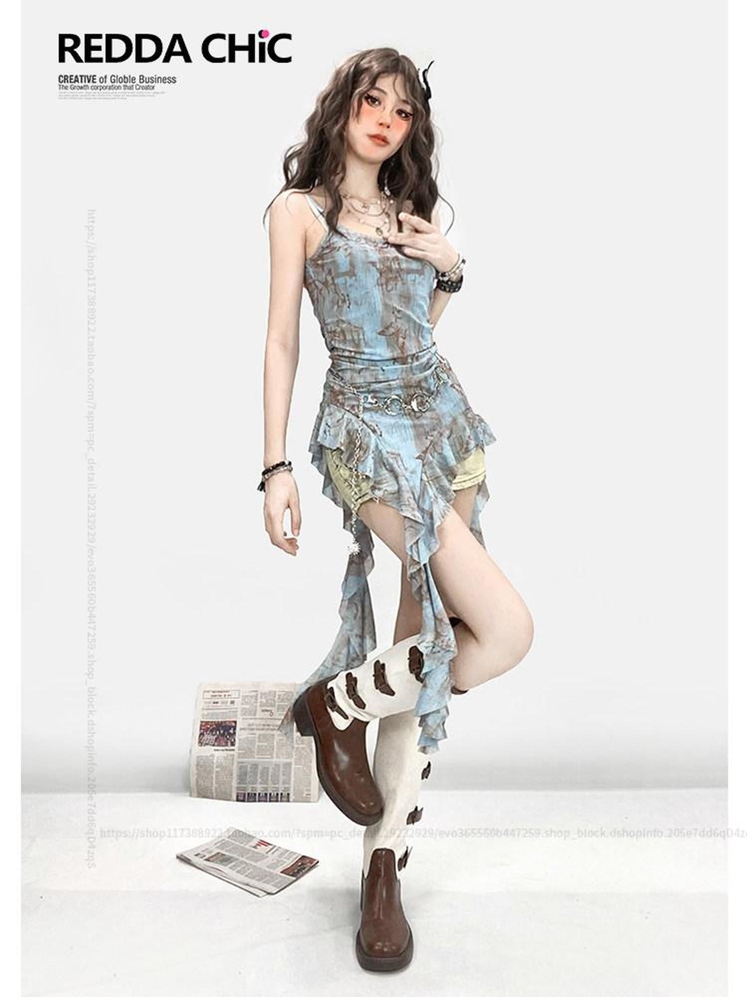 REDDACHIC Blue Handpainted Asymmetric Ruffle Ribbon Strappy Y2K Women'S Slip Midi Dresses