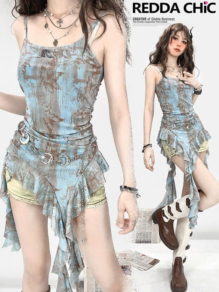 REDDACHIC Blue Handpainted Asymmetric Ruffle Ribbon Strappy Y2K Women'S Slip Midi Dresses