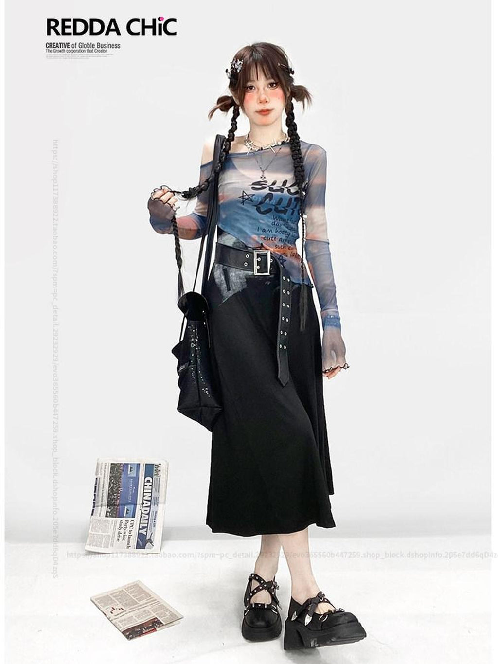 REDDACHIC Blue Ombre Mesh Oil Painting Print Bell Sleeve Women'S Long Sleeve T-Shirts