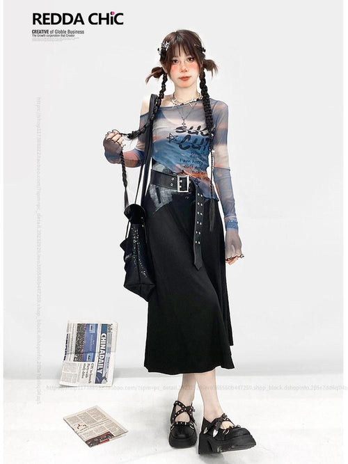 REDDACHIC Blue Ombre Mesh Oil Painting Print Bell Sleeve Women'S Long Sleeve T-Shirts
