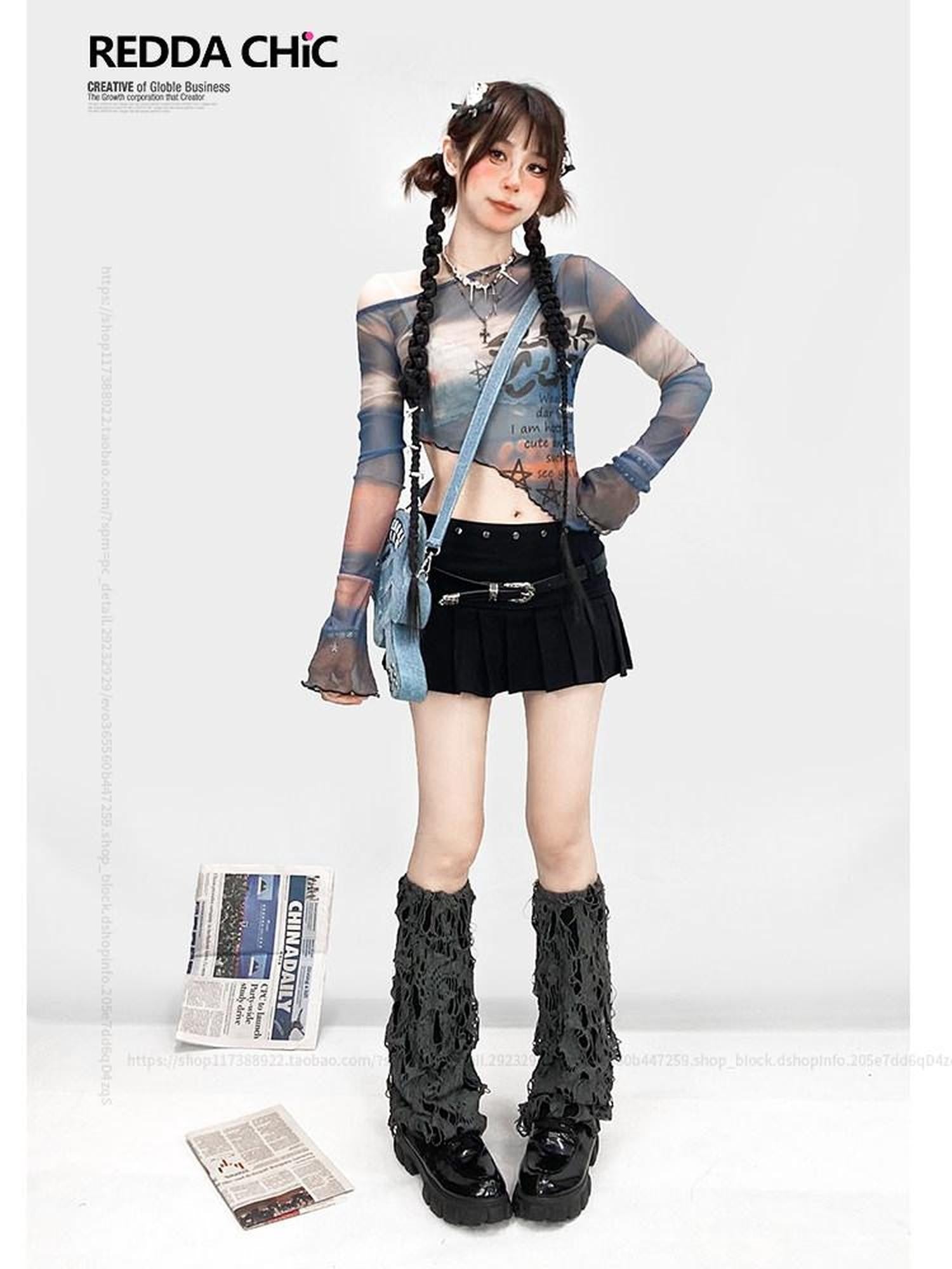 REDDACHIC Blue Ombre Mesh Oil Painting Print Bell Sleeve Women'S Long Sleeve T-Shirts