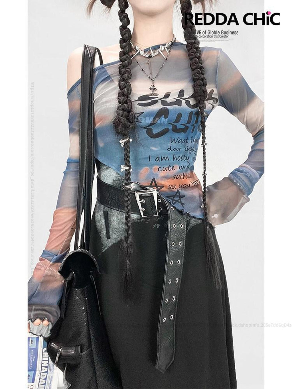 REDDACHIC Blue Ombre Mesh Oil Painting Print Bell Sleeve Women'S Long Sleeve T-Shirts