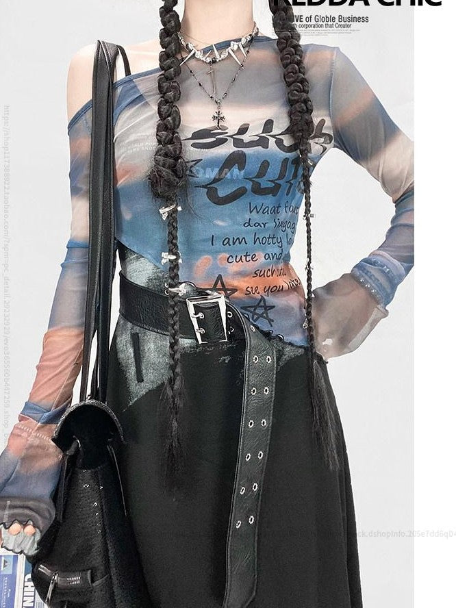 REDDACHIC Blue Ombre Mesh Oil Painting Print Bell Sleeve Women'S Long Sleeve T-Shirts