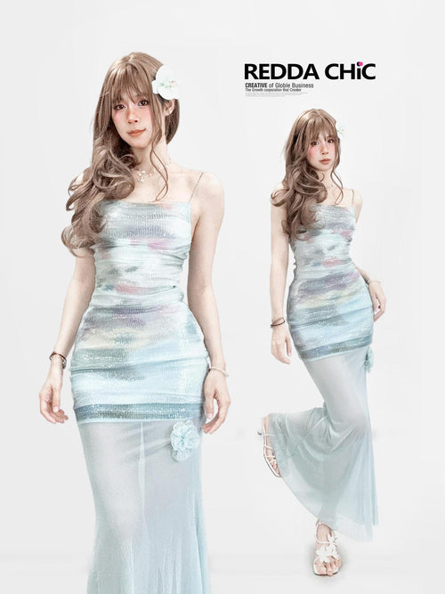 REDDACHIC Blue Ombre Sequin Layered Strappy Bodycon Women'S Slip Maxi Dresses