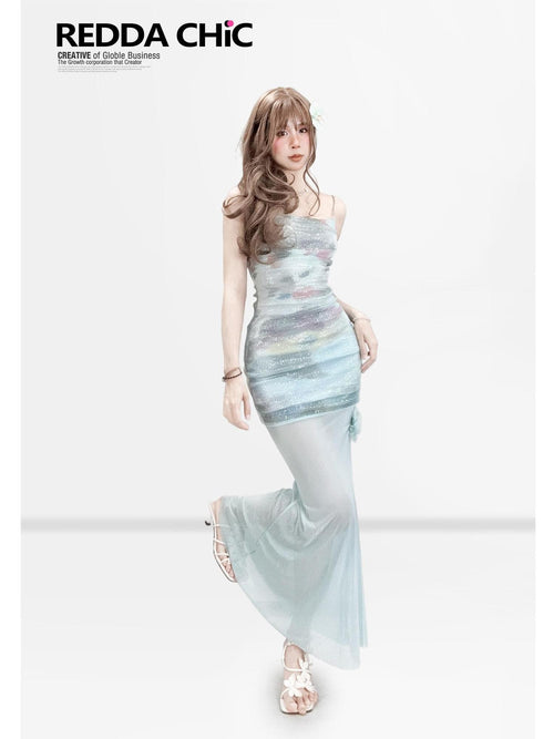 REDDACHIC Blue Ombre Sequin Layered Strappy Bodycon Women'S Slip Maxi Dresses