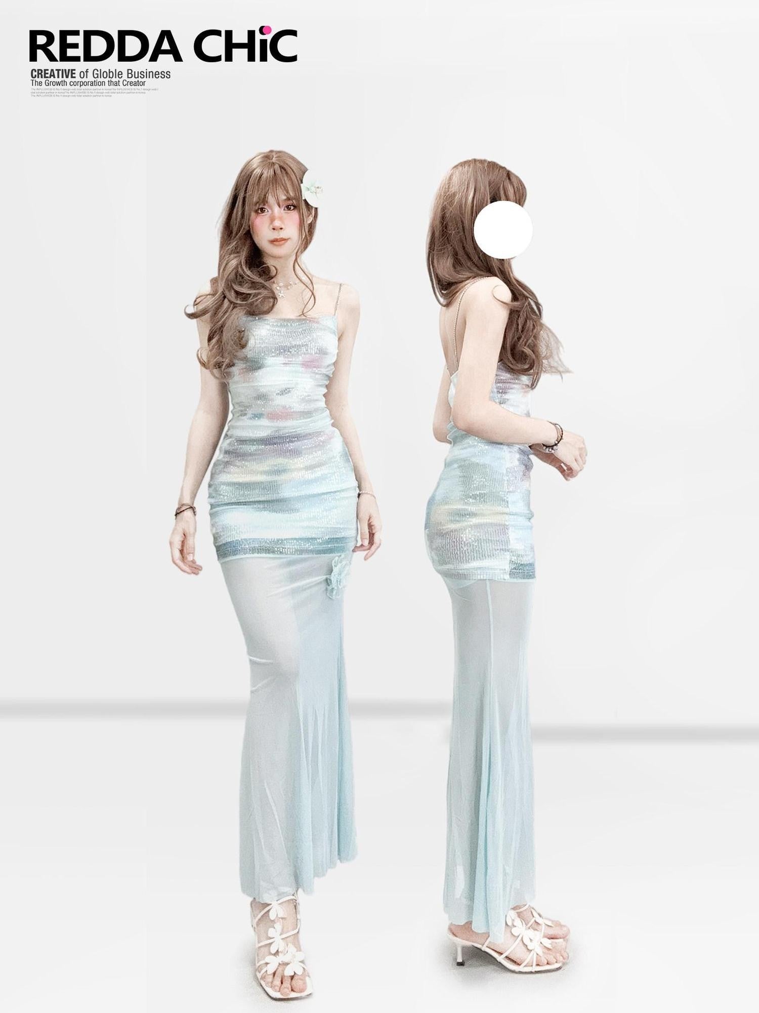 REDDACHIC Blue Ombre Sequin Layered Strappy Bodycon Women'S Slip Maxi Dresses