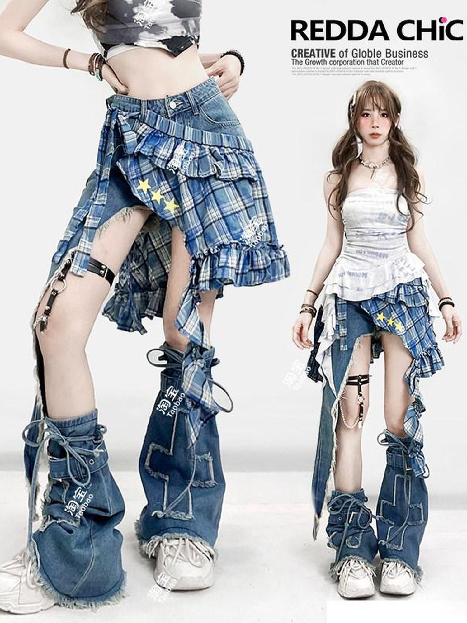 REDDACHIC Blue Plaid Asymmetric Layered Apron Ruffle Women'S Midi Skirts