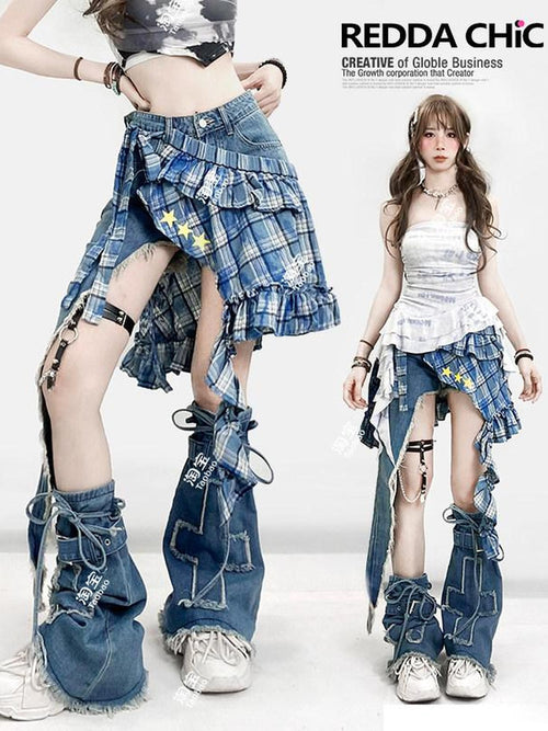 REDDACHIC Blue Plaid Asymmetric Layered Apron Ruffle Women'S Midi Skirts