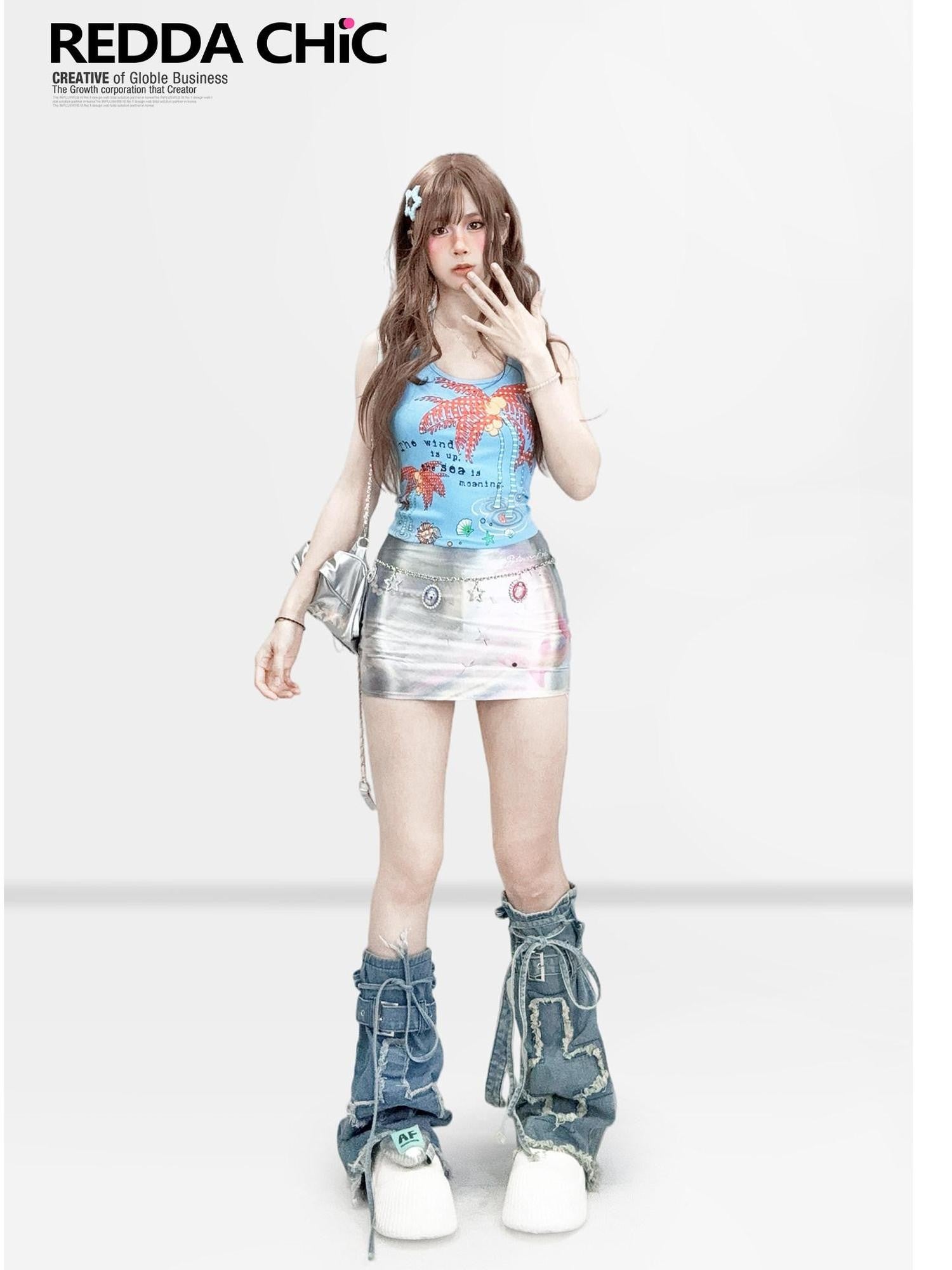 REDDACHIC Blue Plaid Bow Print Halter Neck Women'S Cropped Slim Tank Tops