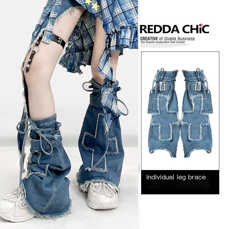 REDDACHIC_Blue_Subculture_Cross_Micro_Flare_Mid_Calf_Thin_Women'S_Leg_Warmers_MISSTT
