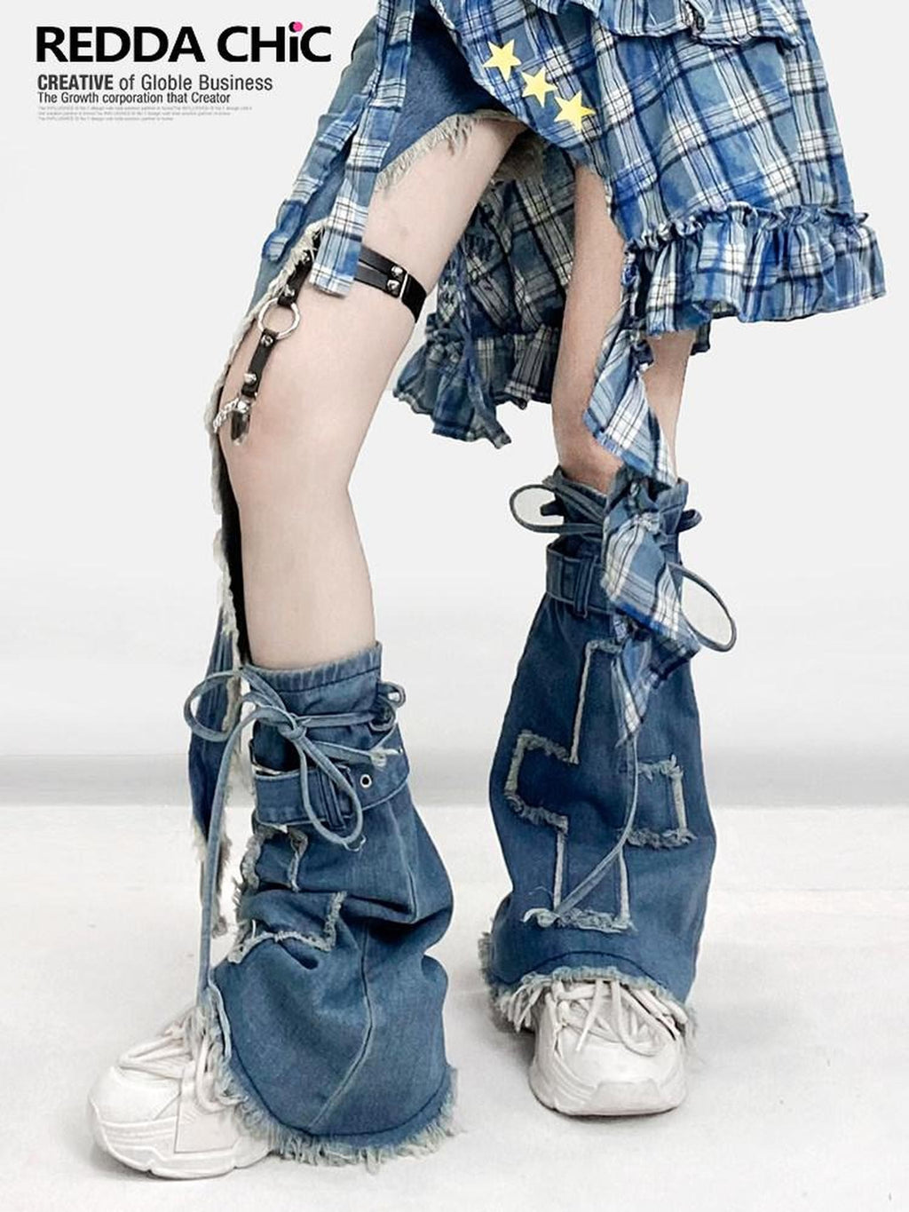 REDDACHIC Blue Subculture Cross Micro Flare Mid Calf Thin Women'S Leg Warmers