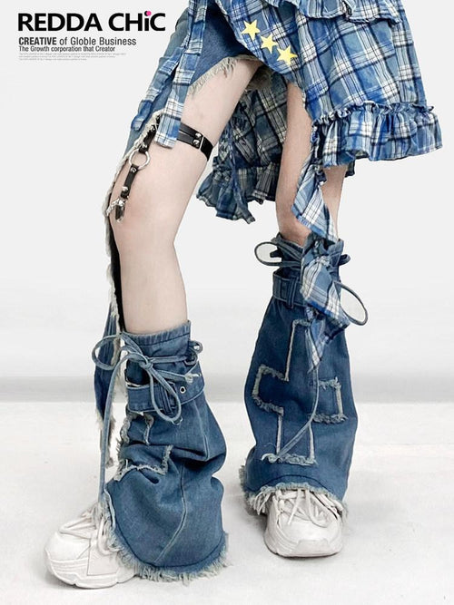 REDDACHIC Blue Subculture Cross Micro Flare Mid Calf Thin Women'S Leg Warmers