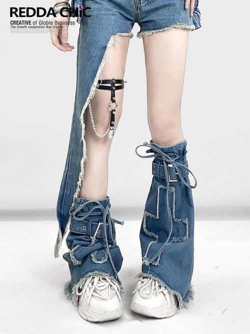 REDDACHIC Blue Subculture Cross Micro Flare Mid Calf Thin Women'S Leg Warmers