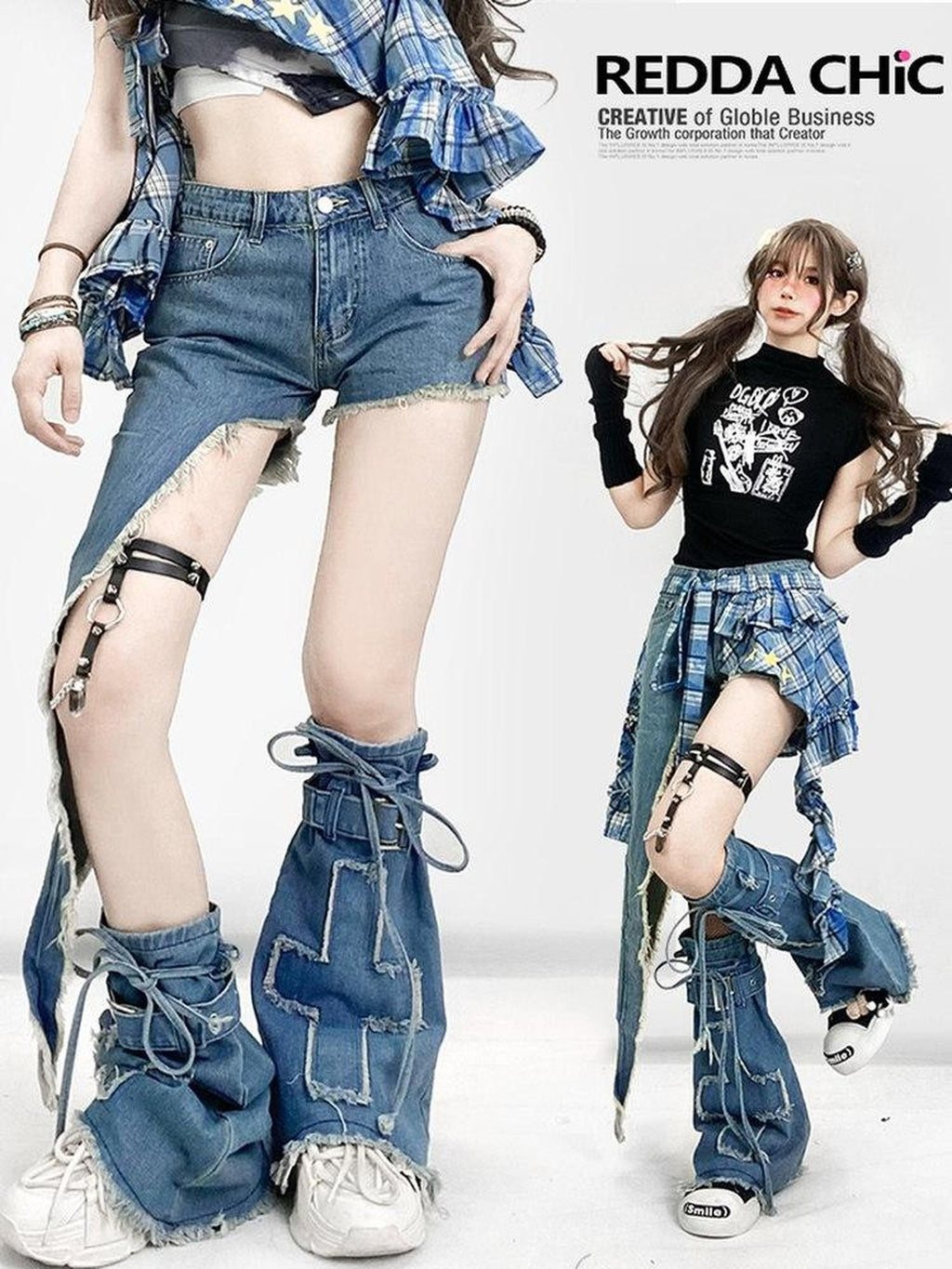 REDDACHIC Blue Subculture Cross Micro Flare Mid Calf Thin Women'S Leg Warmers