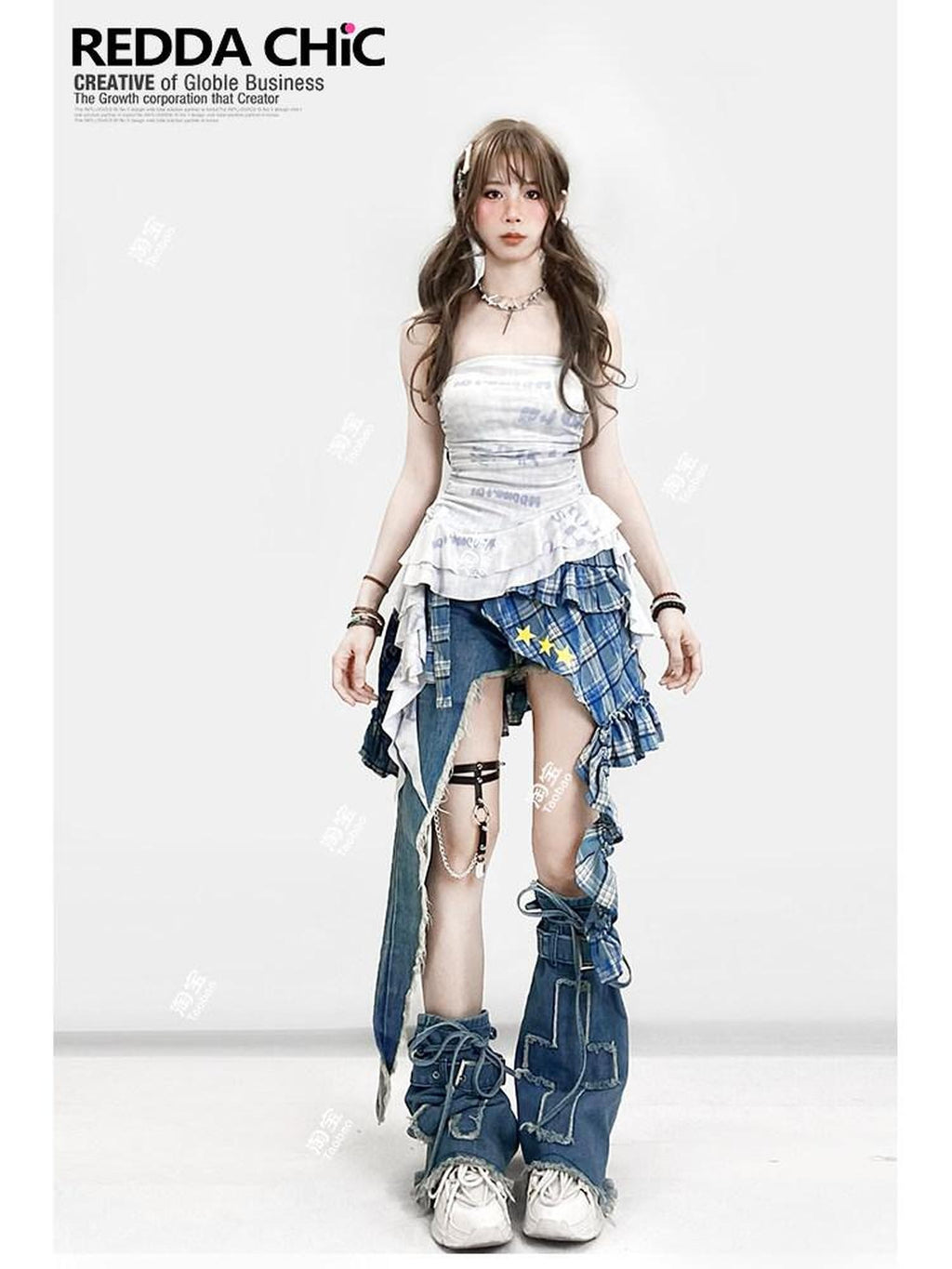 REDDACHIC Blue Subculture Cross Micro Flare Mid Calf Thin Women'S Leg Warmers
