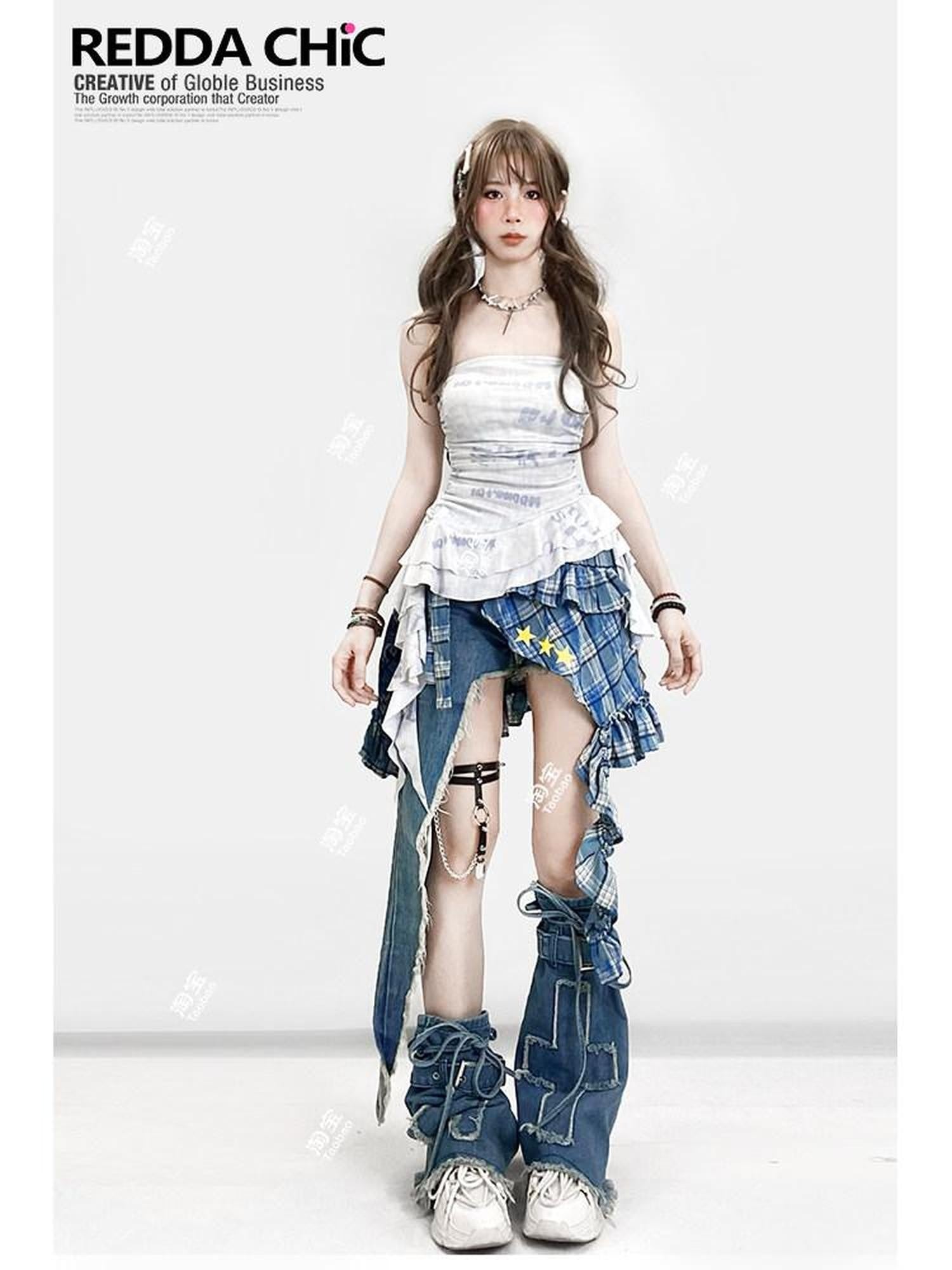 REDDACHIC Blue Subculture Cross Micro Flare Mid Calf Thin Women'S Leg Warmers