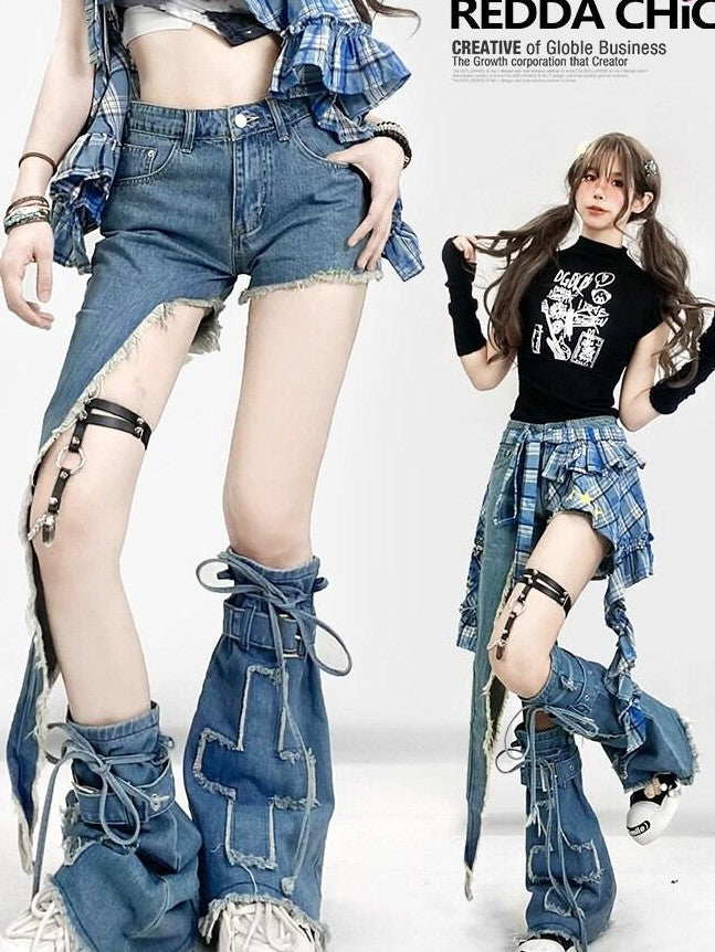 REDDACHIC Blue Subculture Cross Micro Flare Mid Calf Thin Women'S Leg Warmers