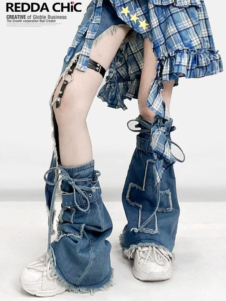 REDDACHIC Blue Subculture Cross Micro Flare Mid Calf Thin Women'S Leg Warmers