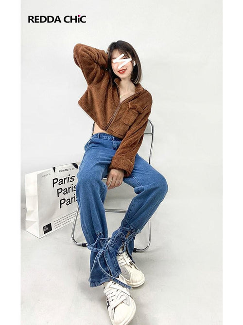 REDDACHIC Blue Washed High Waist Tie Slit Slimming Women'S Wide-Leg Jeans