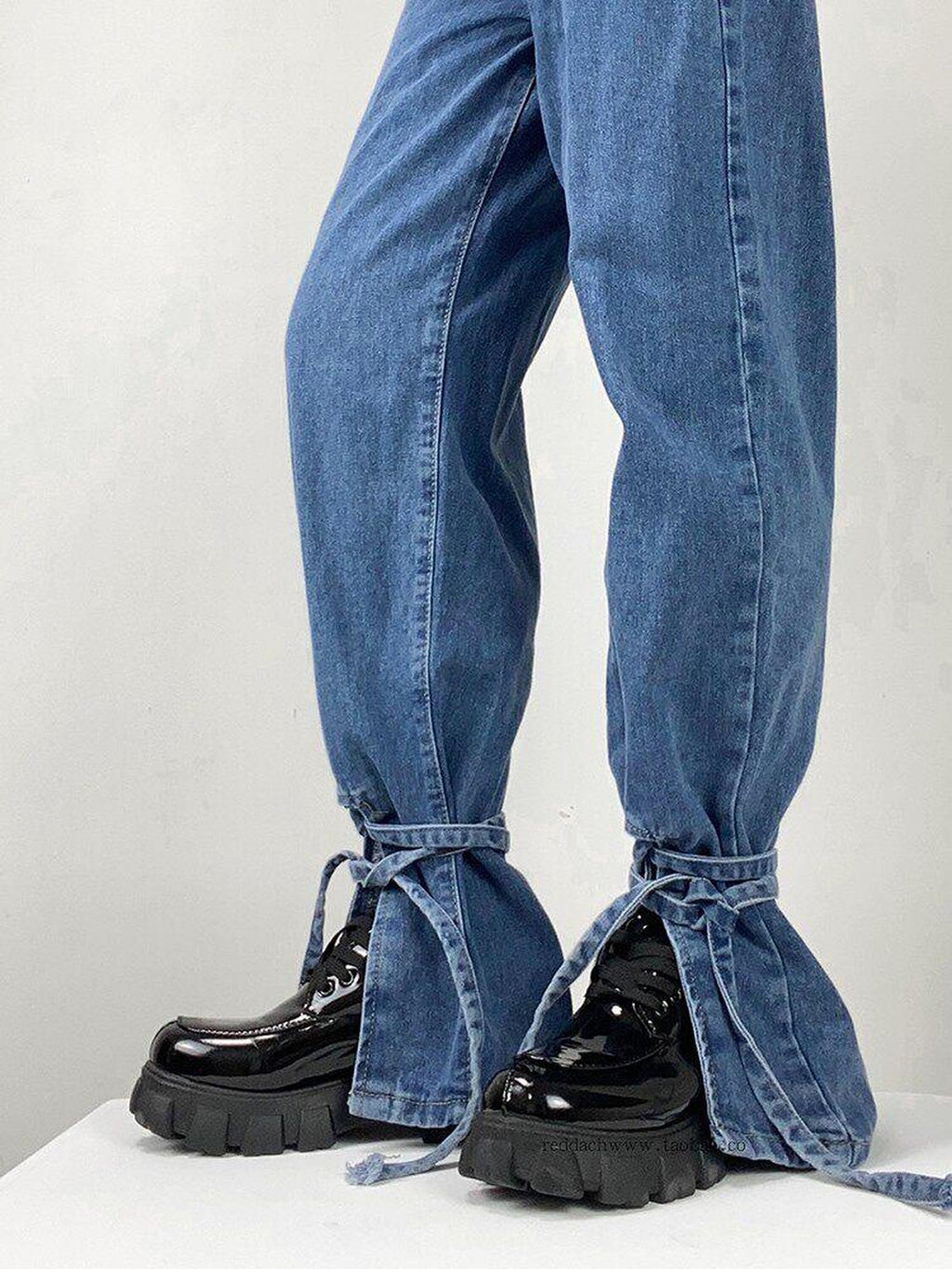 REDDACHIC Blue Washed High Waist Tie Slit Slimming Women'S Wide-Leg Jeans